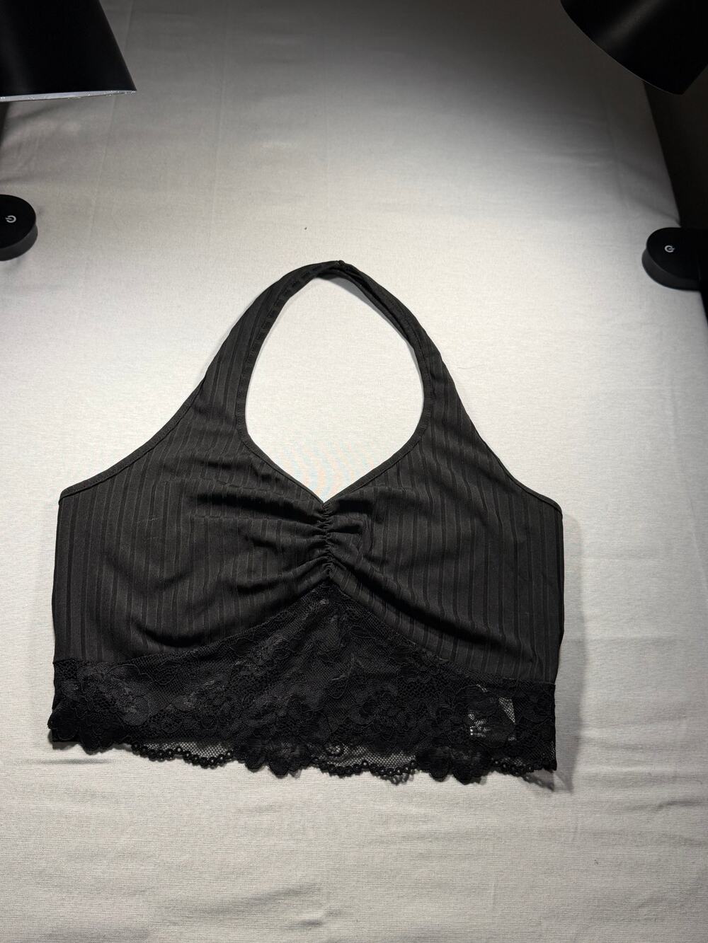 SHEIN Women's Black Ribbed Ruched Lace Trim Halter Crop Top Size S